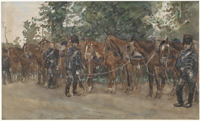 Husaarit seisovat hevostensa vieressä tien varrella tekijältä George Hendrik Breitner