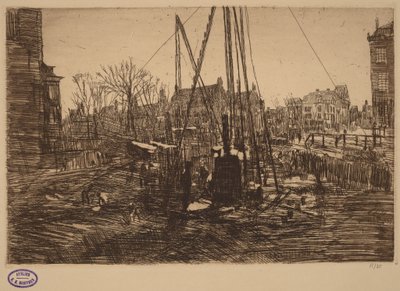 Näkymä hollantilaisesta kaupungista, etualalla paalujuntta tekijältä George Hendrik Breitner