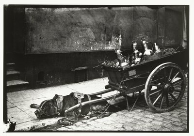 Vetävä koira venytettynä kärryjen eteen linja-autojen kanssa tekijältä George Hendrik Breitner