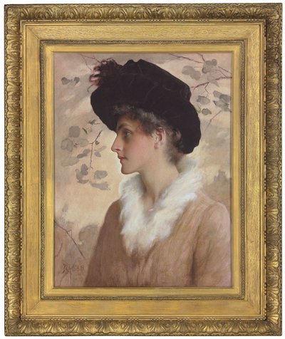 Naisen muotokuva, puolipitkä, musta hattu yllään ja turkisvarasto, 1888 tekijältä George Henry Boughton