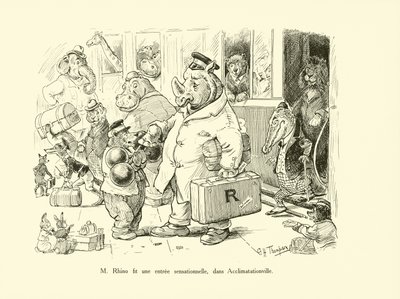 Herra Sarvikuono teki sensaatiomaisen sisääntulon Acclimatationvillessä (litografia). tekijältä George Henry Thompson