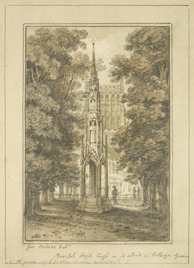 Bristol High Cross sellaisena kuin se seisoi College Greenissä vuonna 1763 (kynä ja akvarelli paperilla) tekijältä George Holmes