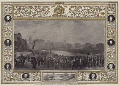 Hänen Majesteettinsa Kuningatar jakavassa mitaleja Krimin sankareille hevosvartijoiden paraatissa 21. toukokuuta 1855 tekijältä George Housman Thomas