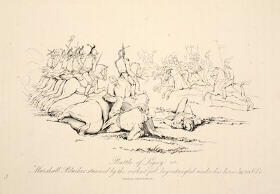 Battle of Ligny: Marshall Blucher järkyttynyt rajusta putoamisesta makasi sotkeutuneena hevosensa alle, pubi J. Booth, 1816 tekijältä George Jones