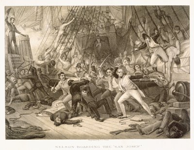 Horatio Nelson nousemassa San Josefiin Cape St Vincentin taistelussa 14. helmikuuta 1797, kaivertanut John Crew alkuperäisen mukaan Greenwich Hospital Collectionissa tekijältä George Jones