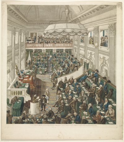 Ensimmäinen kansalliskokous Haagissa, 1796 Tarkka kuvaus Haagin kansalliskokouksesta (otsikko esineessä) tekijältä George Kockers