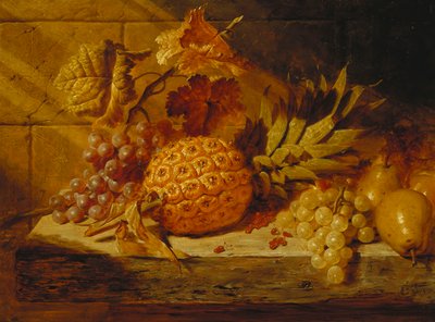 Mustavalkoiset viinirypäleet, päärynät, punaherukat ja ananas kielekkeellä, 1845 tekijältä George Lance