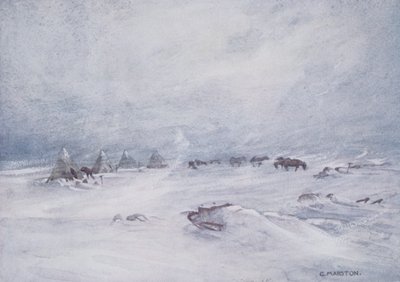 Blizzard on the Barrier, piirros Sir Ernest Shackletonin (1874-1922) kirjoittamasta teoksesta "Nimrod in the Antarktic 1907-09" tekijältä George Marston