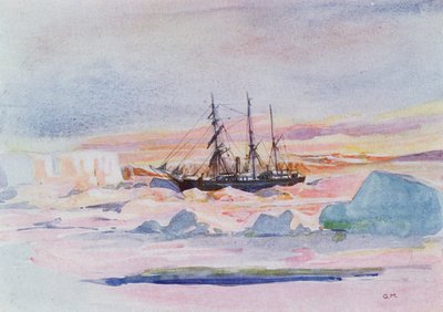 Aurora Australis, piirros Sir Ernest Shackletonin (1874-1922) teoksesta "Antarktiksen sydän: Nimrodin tutkimusmatka etelänavalle" tekijältä George Marston