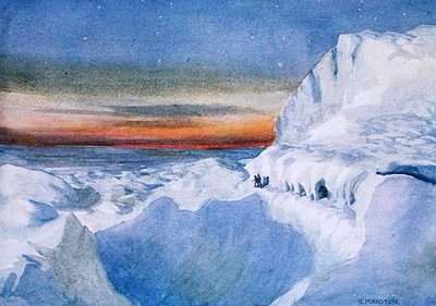 Auringon paluu Etelämantereella, piirros Sir Ernest Shackletonin (1874-1922) teoksesta "Nimrod in the Antarktic 1907-09" tekijältä George Marston