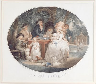 Tea Garden, värillinen pistekaiverrus Morlandin mukaan, kirjoittanut Francois David Saron (s. 1764) tekijältä George Morland