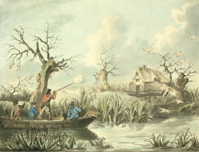 Duck Shooting, kaivertanut Thomas Rowlandson (1756-1827), pub. kirjoittanut J. Harris, 1789 (värillinen etsaus) (katso myös 125725-27) tekijältä George Morland
