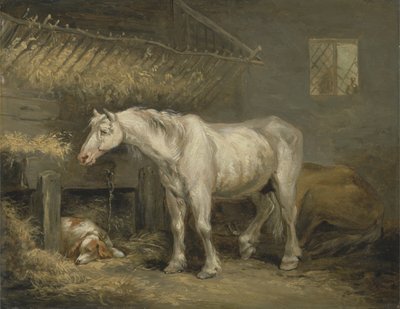 Vanhat hevoset koiran kanssa tallissa, n.1791 (öljy paneelille) tekijältä George Morland