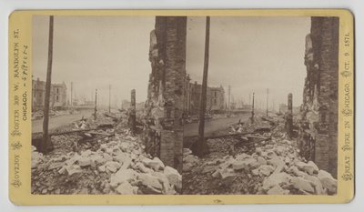 Stereografia Washington Streetistä LaSalle Streetin kulmasta katsoen itään Chicagon tulipalon jälkeen 1871, 1871 (bw-kuva korttitelineessä) tekijältä George N. Barnard
