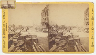 Stereografia kassakaapeista, jotka on otettu Dearborn Streetin raunioista Chicagon palon jälkeen 1871, 1871 (bw-kuva korttitelineessä) tekijältä George N. Barnard