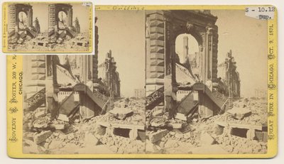 Stereografia Bryan Blockista Monroe- ja LaSalle Streetin luoteiskulmassa Chicagon palon 1871 ja 1871 jälkeen (bw-kuva korttitelineessä) tekijältä George N. Barnard