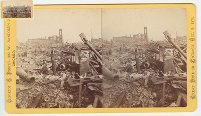 Stereografia Mammoth Store of Field & Leiter -kaupan raunioista Chicagon tulipalon jälkeen 1871, 1871 (bw-kuva korttitelineessä) tekijältä George N. Barnard