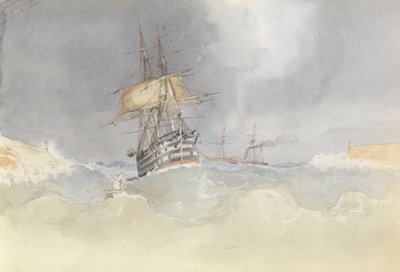 HMS "Trafalgar" purjehtii Maltan satamaan, kun sen peräsin on menettänyt päänsä myrskyn jälkeen, 9. helmikuuta 1852. tekijältä George Pechell Mends