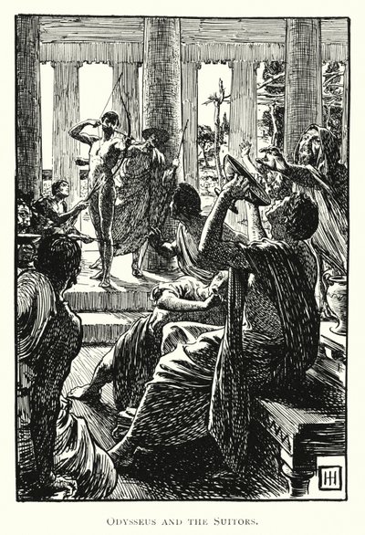 Odysseia: Odysseus ja kosialaiset (kaiverrus) tekijältä George Percy Jacomb Hood