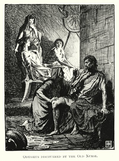 Odysseia: Vanhan sairaanhoitajan löytämä Odysseus (kaiverrus) tekijältä George Percy Jacomb Hood