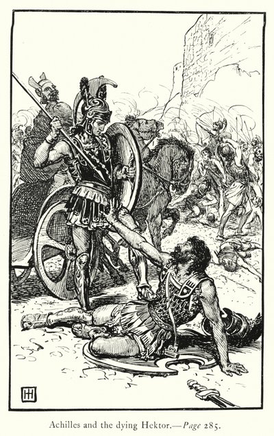 Ilias: Akhilleus ja kuoleva Hektor (kaiverrus) tekijältä George Percy Jacomb Hood