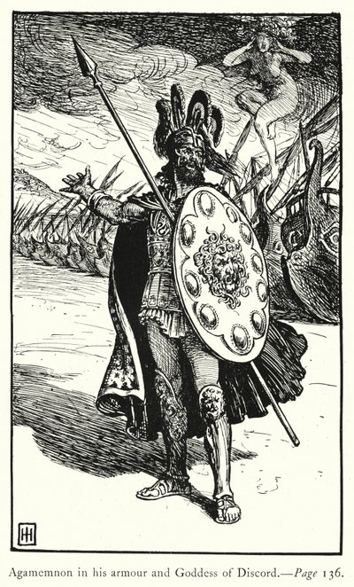 Iliad: Agamemnon panssarissaan ja eripuraisten jumalatar (kaiverrus) tekijältä George Percy Jacomb Hood