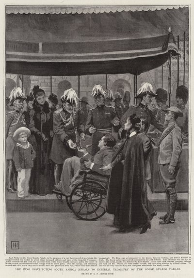 Kuningas jakaa Etelä-Afrikan mitaleja Imperial Yeomanrylle hevoskaartin paraatissa tekijältä George Percy Jacomb Hood
