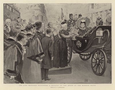 Lady Mayoress esittelee kukkakimppua kuningattarelle kartanotalossa tekijältä George Percy Jacomb Hood