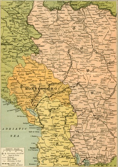 Kartta havainnollistamaan Serbian retriittiä, 1919. tekijältä George Philip and Son Ltd
