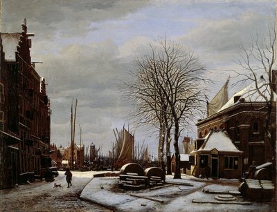 Slijpsteenmarkt (Whetstone Market) Amsterdamissa ja rakennus "Het Zeerecht" talvella (Slypsteenen Amsterdamissa) tekijältä George Pieter Westenberg