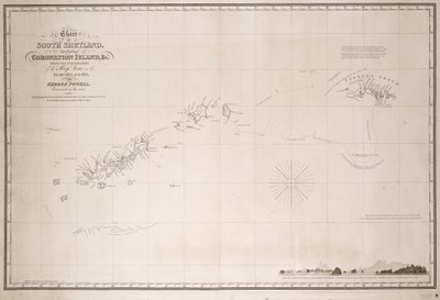 Etelä-Shetlannin kartta, mukaan luettuna Coronation Island, George Powellin komentaja Dove-sluopin tutkimusmatkoista vuosina 1821 ja 1822. tekijältä George Powell
