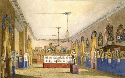 An Exhibition at the Old Town Hall, Oxford, 1854 (akvarelli ja bodycolour lyijykynällä jäykälle paperille, alkuperäisellä kiinnityspaperilla). tekijältä George Pyne