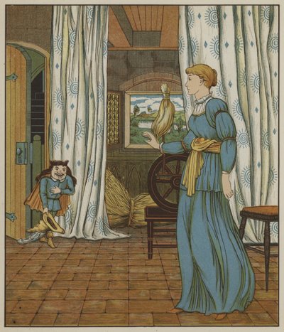 Grimmin veljesten kuvitus Rumpelstiltskinille tekijältä George R. Halkett