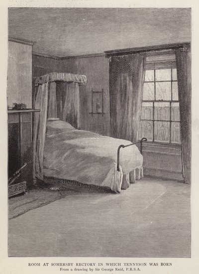 Huone Somersby Rectoryssa, Lincolnshire, jossa englantilainen runoilija Alfred, Lord Tennyson syntyi vuonna 1809 (litho) tekijältä George Reid
