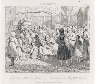 Talonpoikien myynti, Strasburg, n. 1821 (etsaus) tekijältä George Robert Lewis