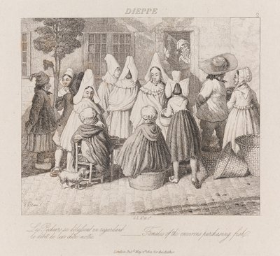 Naiset ostavat kalaa, Dieppe, n. 1821 (etsaus) tekijältä George Robert Lewis