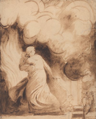 Äiti lapsi sylissään lentäen liekeissä olevan kaupungin valleilla (Lady Hamilton "Andromachena" pakenee Troijan palamisesta; The Fire). tekijältä George Romney