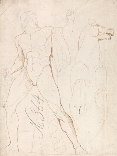 Klassinen miespuolinen alaston, jolla on ratsastava hevonen tekijältä George Romney