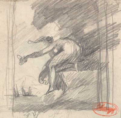 Naishahmo polvistuu niemellä, vilkuttaa tekijältä George Romney