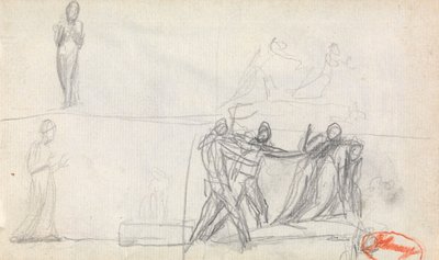 Ryhmäkuva ja kaksi luonnosta seisovasta hahmosta tekijältä George Romney