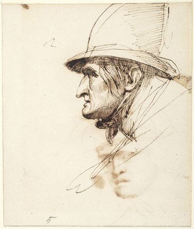 Miehen pää profiilista, jolla on suuri hattu tekijältä George Romney