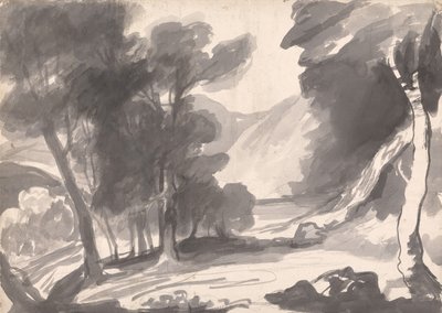 Maisemapiirros: Lehtimetsä, järvi ja vuoret tekijältä George Romney