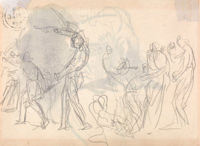 Miehet lähtevät taistelemaan, takana joukko kyyristeleviä naisia tekijältä George Romney