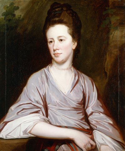 Muotokuva neiti Joan Knatchbullista istuva puolipitkä, yllään vaaleanpunainen mekko ja helmikaulakoru, tekijältä George Romney