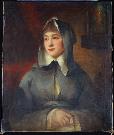 Naisen muotokuva, puolipitkä, nunna, kädessään rukous, pyhäkön luona sisätiloissa tekijältä George Romney