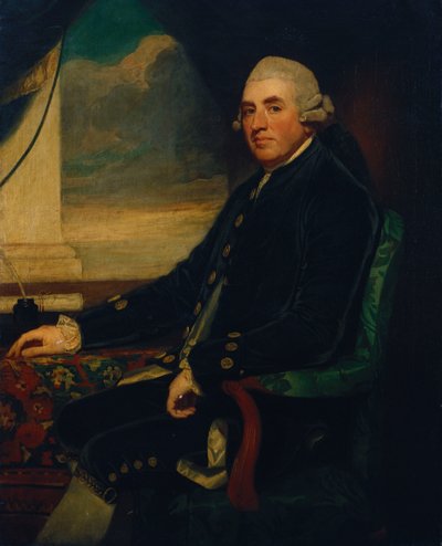 Farnhamin ensimmäisen jaarlin muotokuva, istuva, kolme neljäsosaa, avoimen ikkunan vieressä tekijältä George Romney