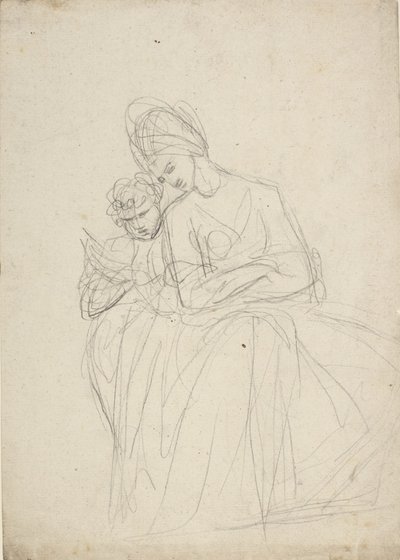 Muotokuvaluonnos istuvasta naisesta lapsen kanssa tekijältä George Romney