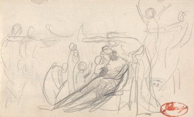 Makuuasennossa oleva hahmo lasten ja muiden hahmojen kanssa tekijältä George Romney