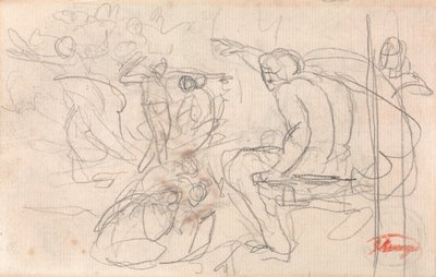 Istuva hahmo, joka langettaa tuomion polvistuneelle hahmolle tekijältä George Romney