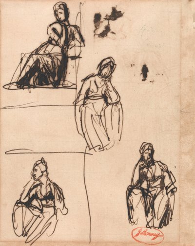 Istuva ja puoliksi polvistuva nainen tekijältä George Romney